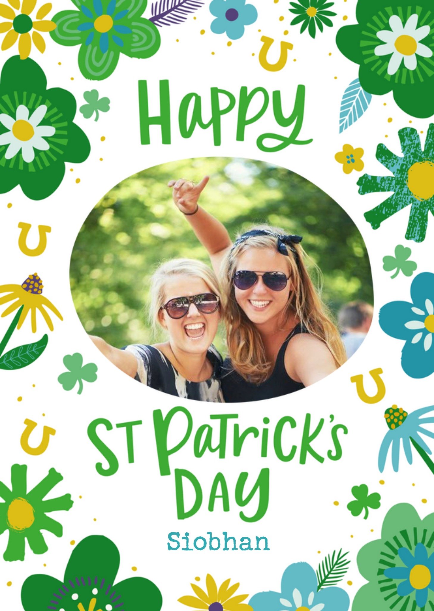 Illustration Of Colourful Flowers Shamrocks And Horseshoes Saint Patrick's Day Photo Upload Card Ecard