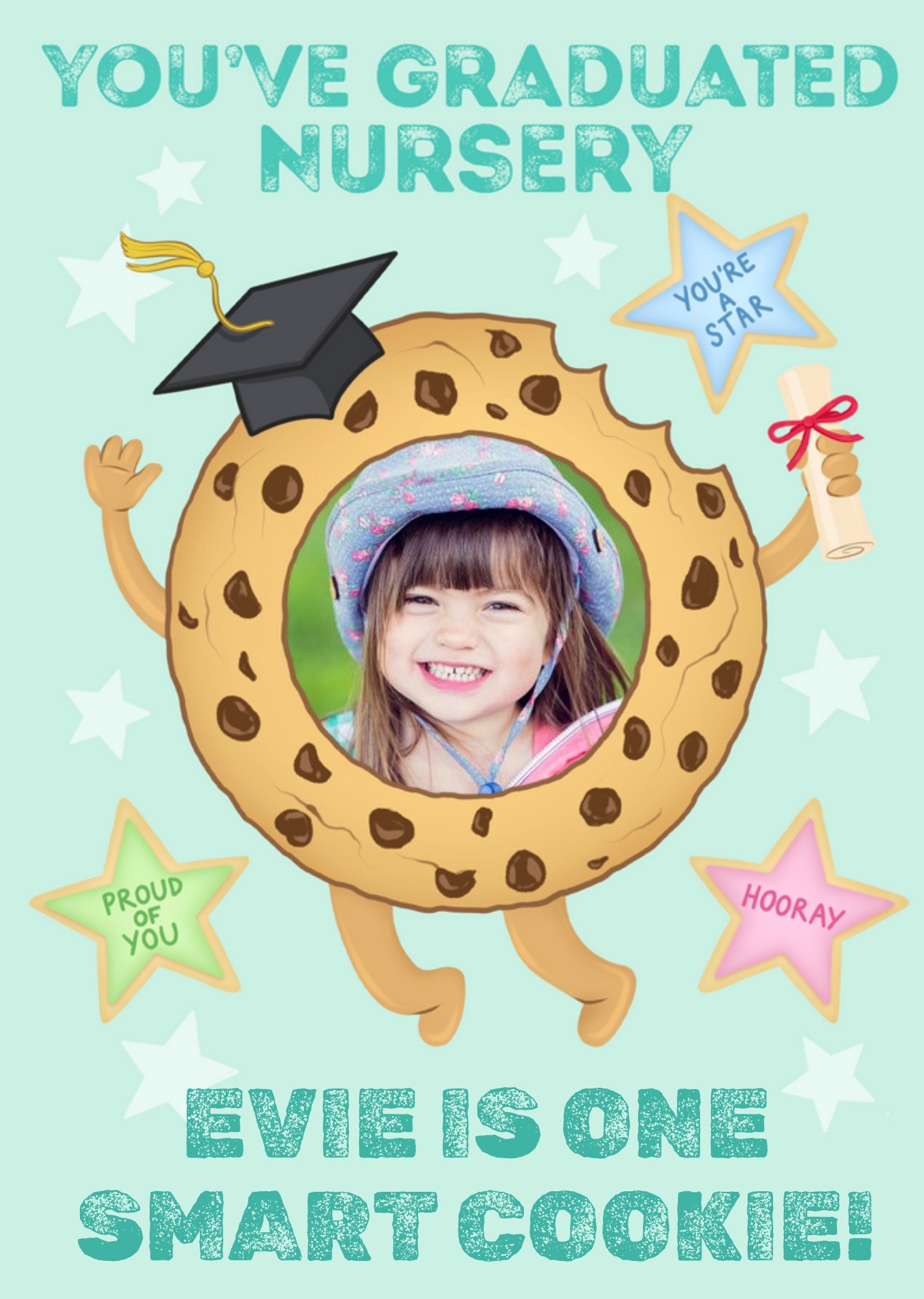 Moonpig Illustration Of A Cookie Character Surrounded By Stars You've Graduated Nursery Photo Upload