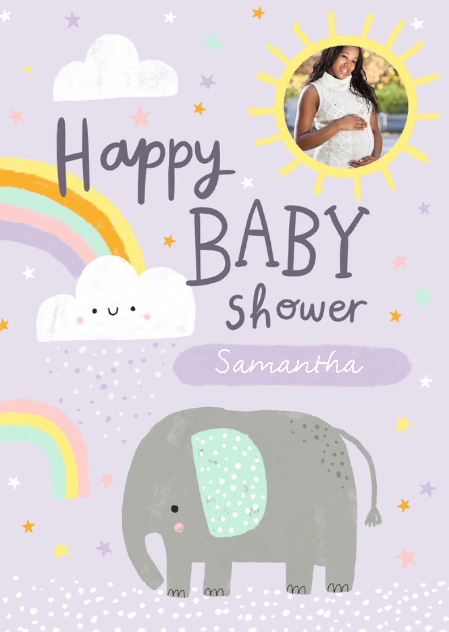 Moonpig Bright Fun Elephant Illustration Happy Baby Shower Photo Upload Card, Large