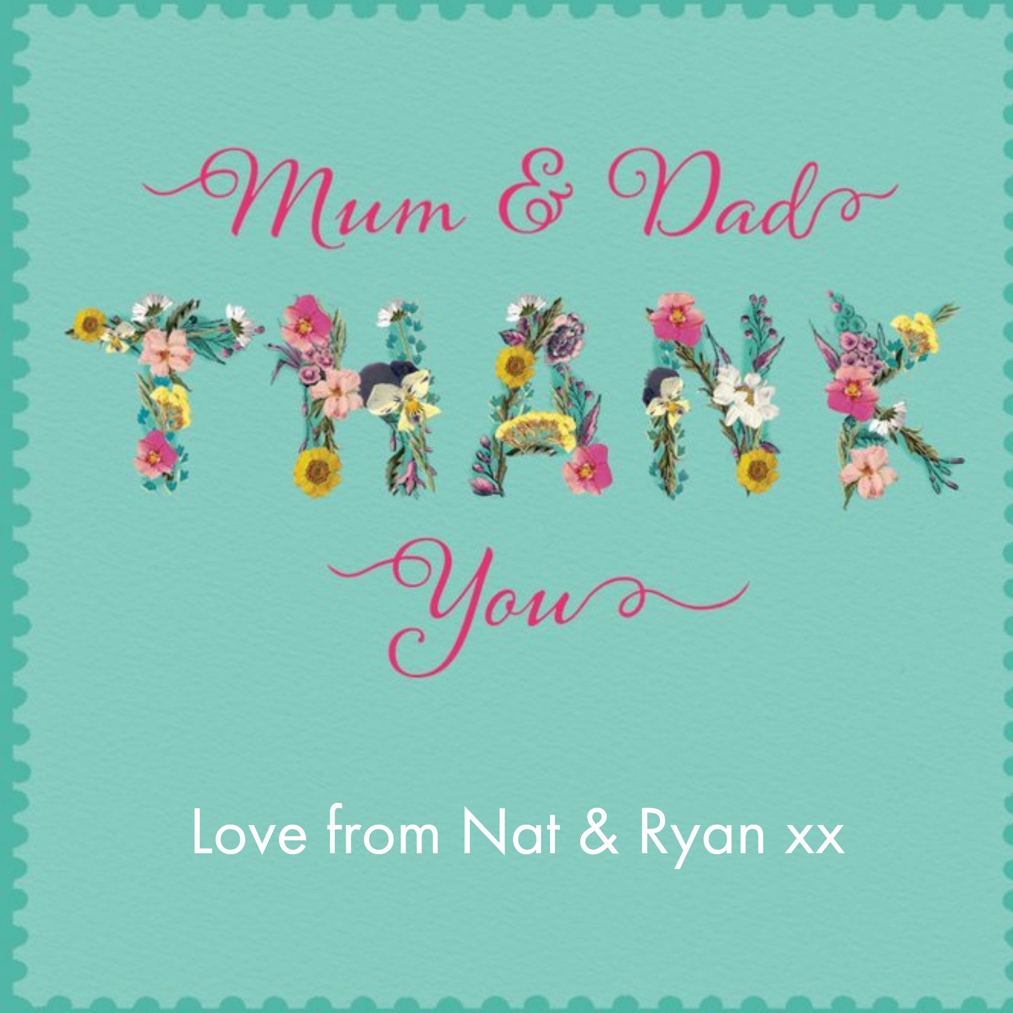 Illustration Of Floral Lettering On A Teal Background Thank You Mum And Dad Card, Square