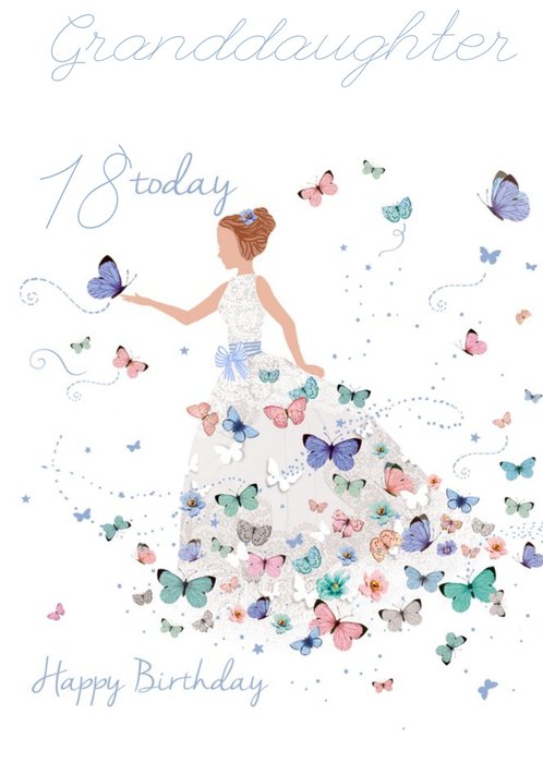 Girl In Butterfly Dress Personalise Age 18 Granddaughter Birthday Card