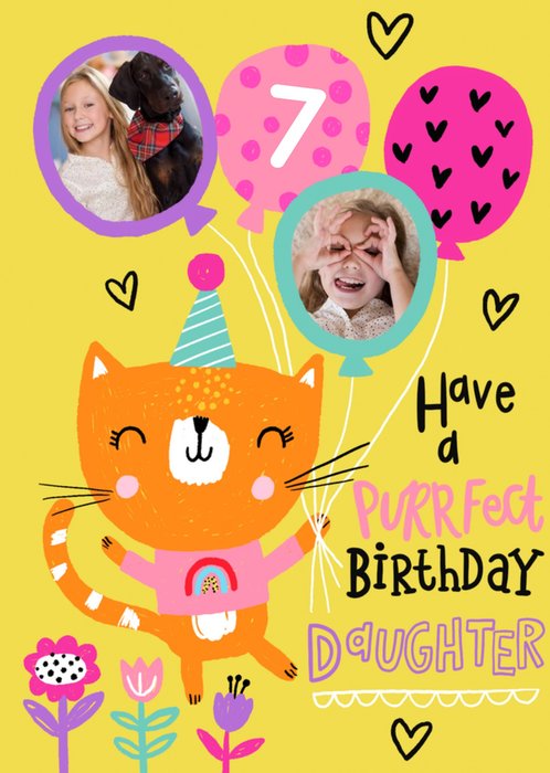 Have A Purrfect Birthday Daughter Cat and Balloons Photo Upload Card
