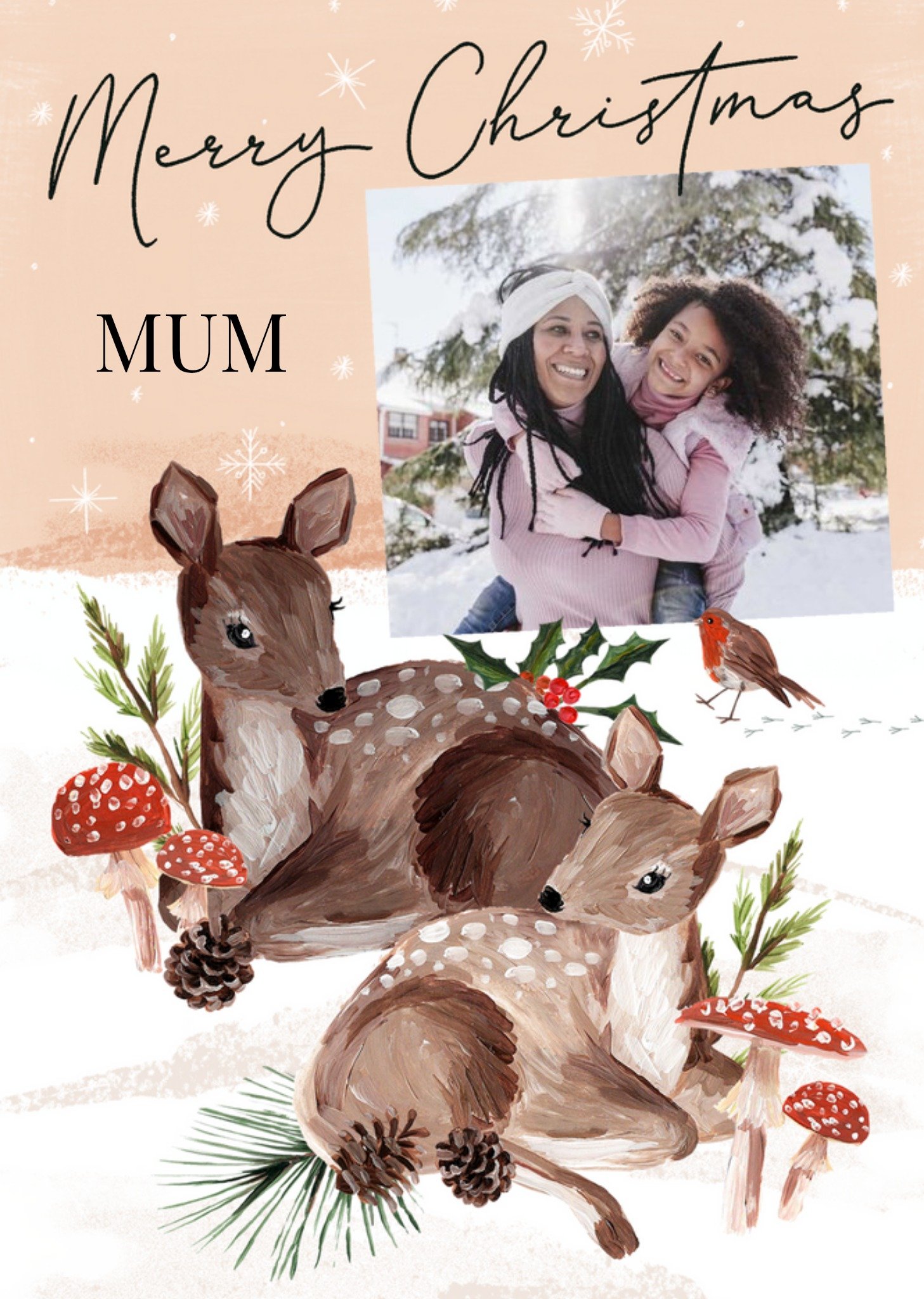 Moonpig Adorable Illustration Of Two Dears Resting In Snow Photo Upload Christmas Card Ecard