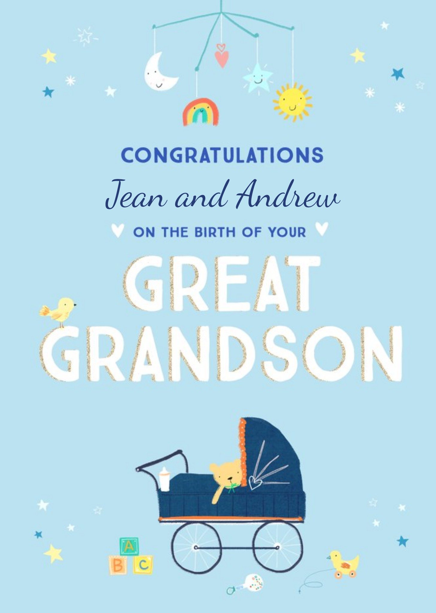 Moonpig Typographic Illustrated Congratulations On The Birth Of Your Great Grandson Card Ecard
