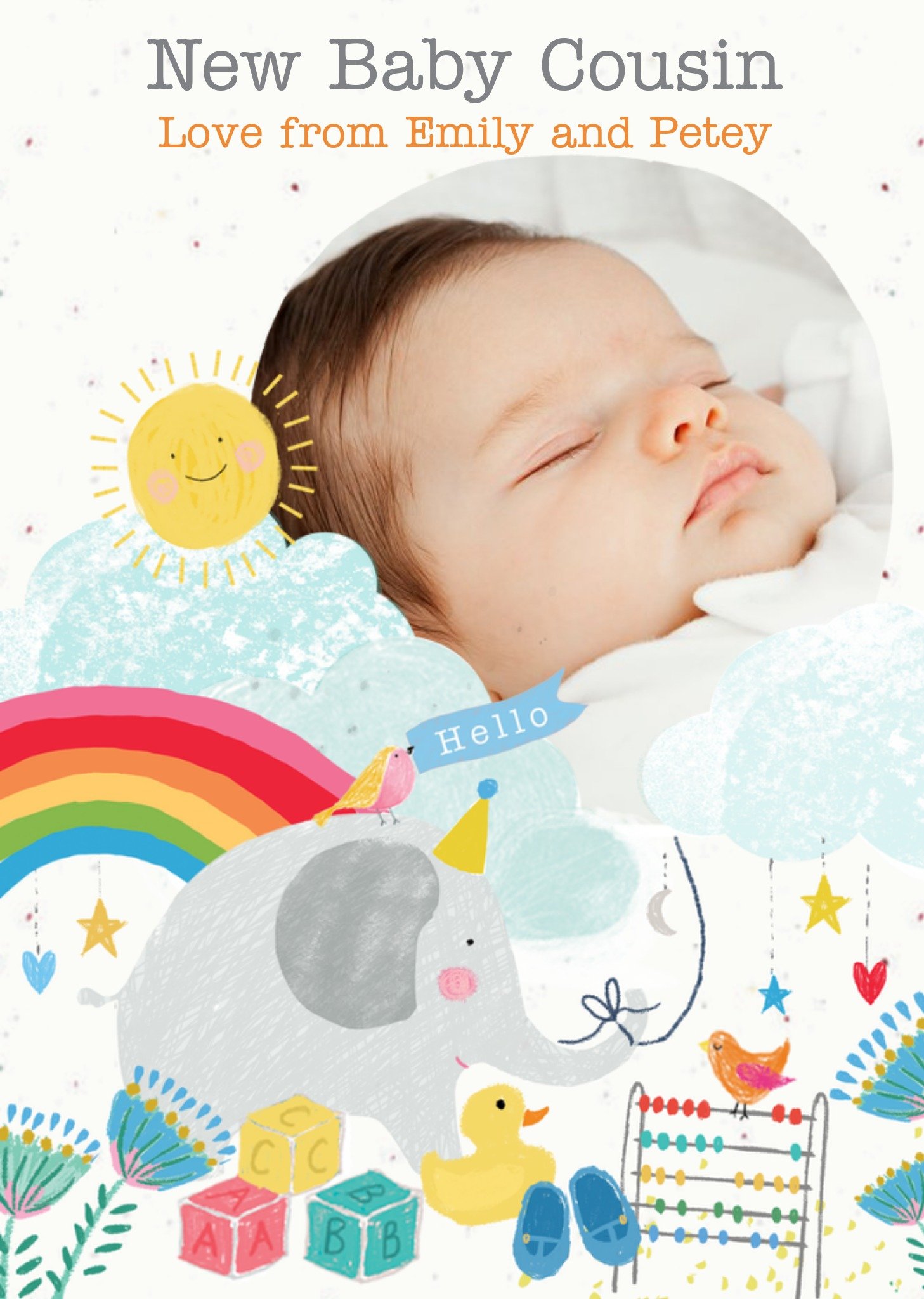 Cute Colourful Illustrated Photo Frame Customisable New Baby Card Ecard