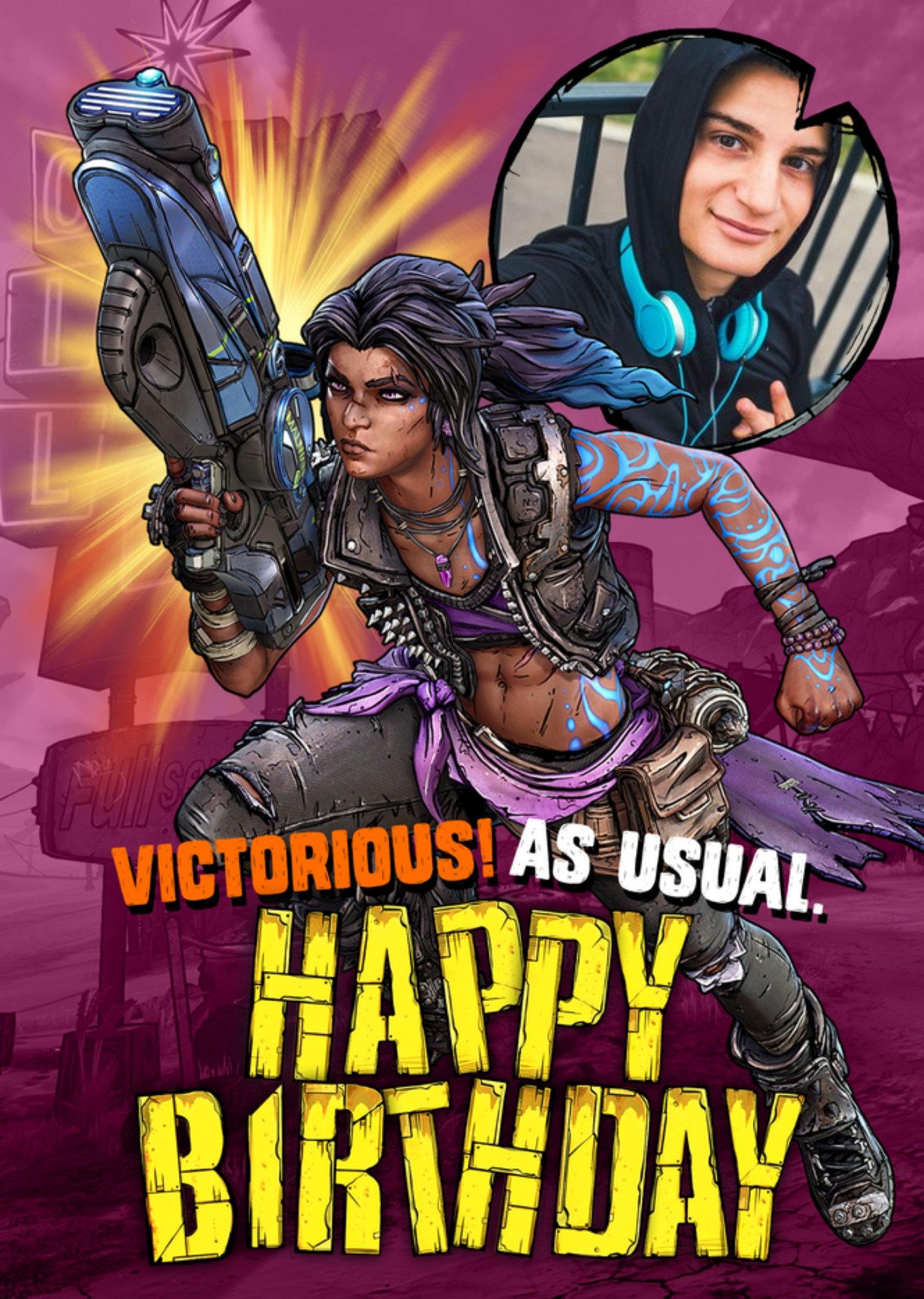 Illustrated Borderlands 3 Amara Photo Upload Birthday Card