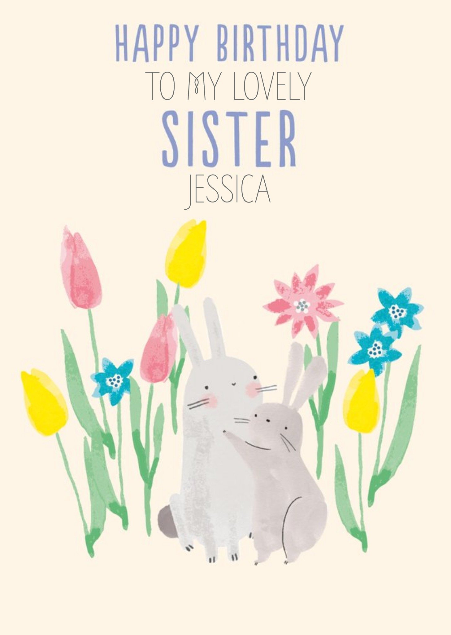 Moonpig Cute Illustrative Rabbits And Flowers Sister Birthday Card , Large