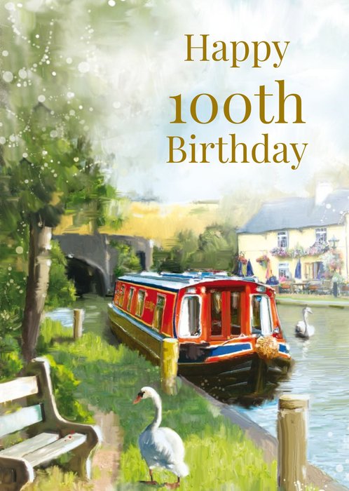Traditional Canal Boat Scene Happy 100th Birthday Card