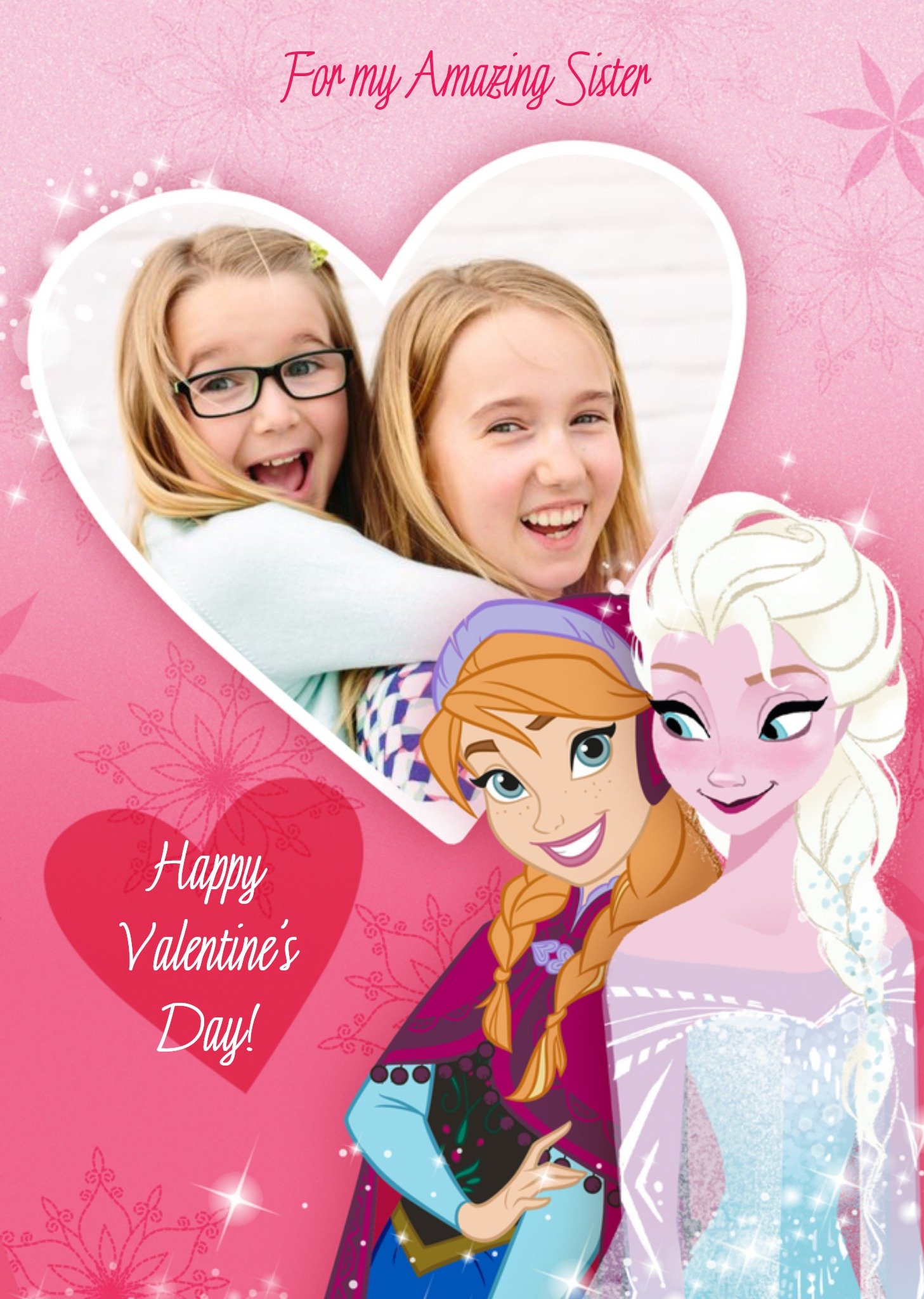Disney Frozen Anna And Elsa Heart Frame Personalised Happy Valentine's Day Card, Large