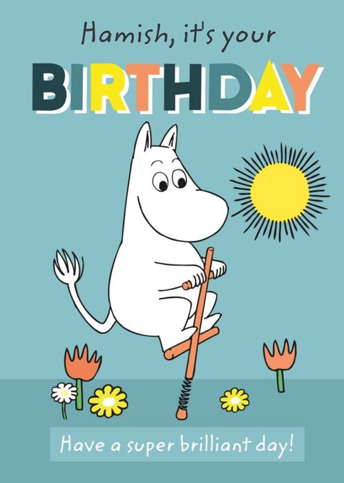 Cute Moomin On A Pogo Stick Birthday Card