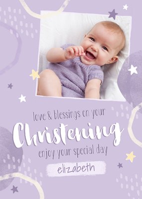Purple Patterend Photo Upload Christening Card