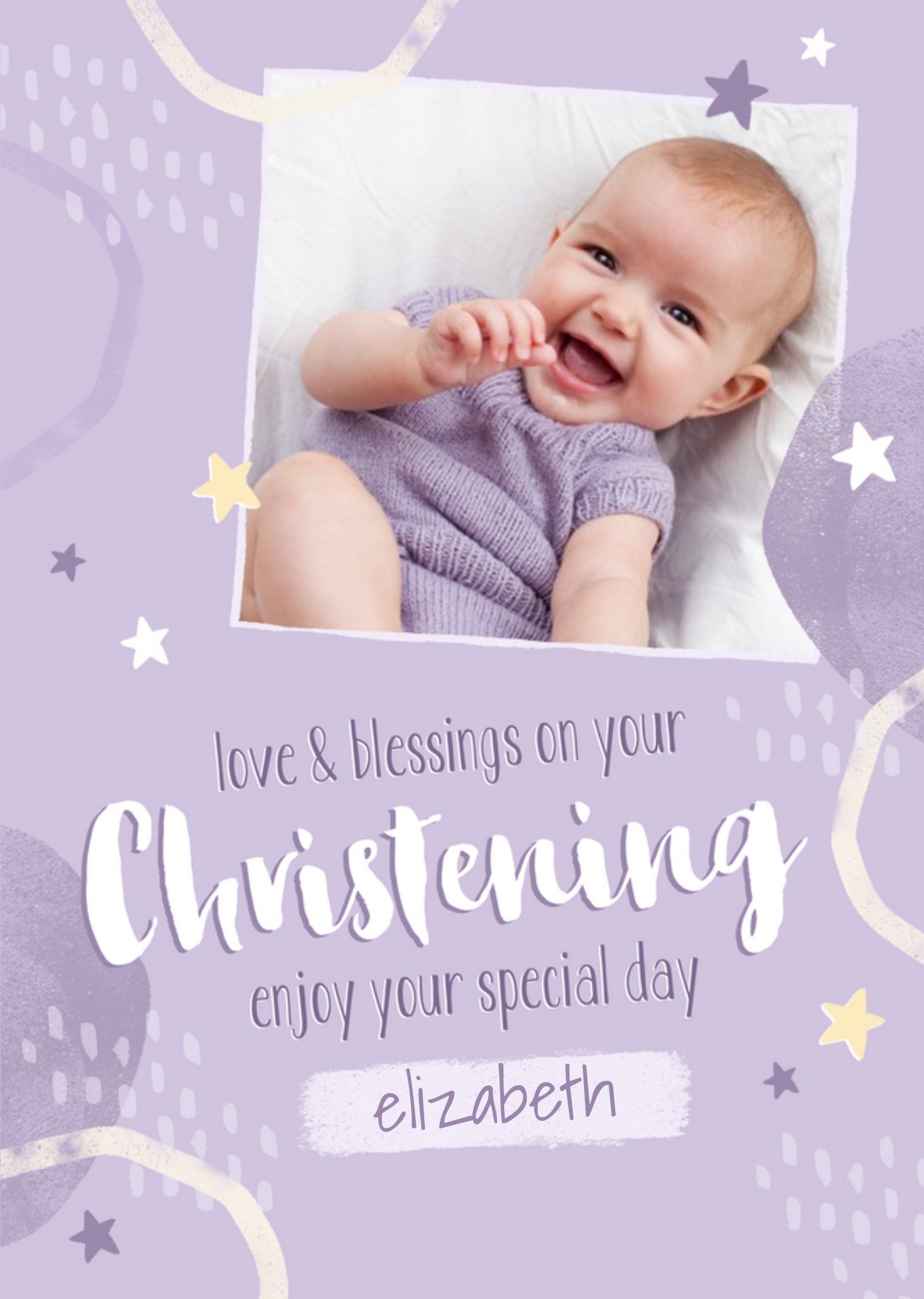 Purple Patterend Photo Upload Christening Card Ecard