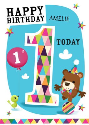 Little Balancing Bear Personalised Happy 1st Birthday Card
