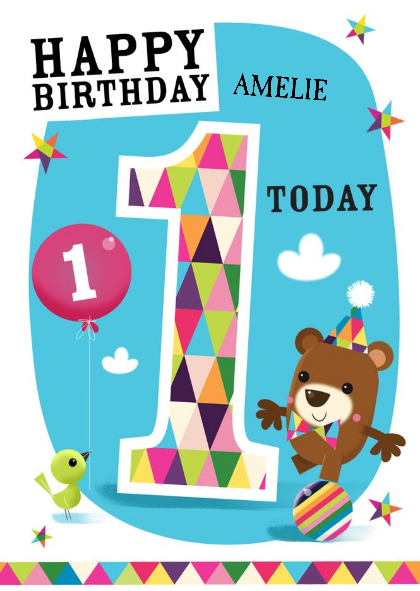 Moonpig Little Balancing Bear Personalised Happy 1st Birthday Card, Large