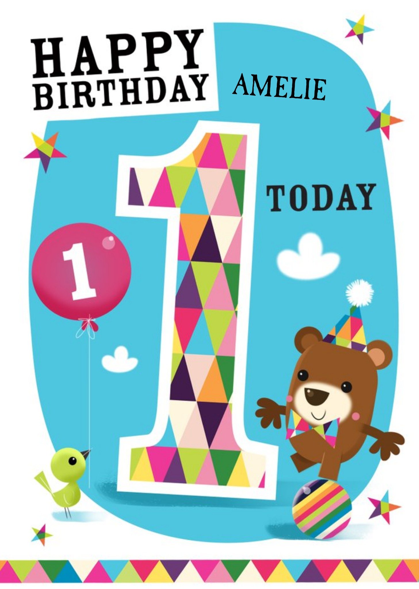 Little Balancing Bear Personalised Happy 1st Birthday Card Ecard