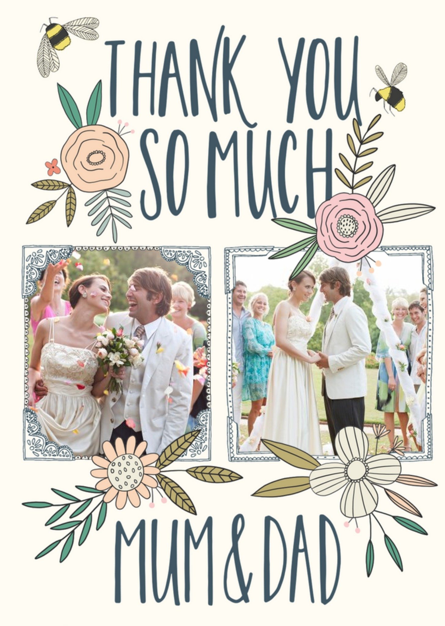 Wedding Card - Wedding Thanks - Mum And Dad - Traditional Flowers And Bumblebee - Photo Upload Ecard