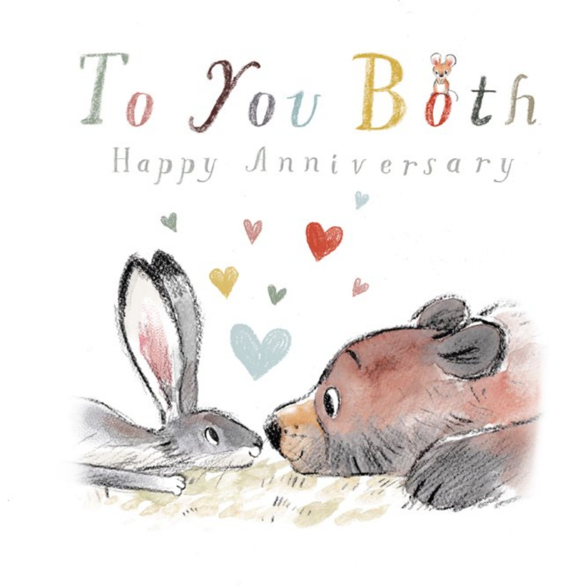 Cute Illustrated Bear And Hare Anniversary Card, Square