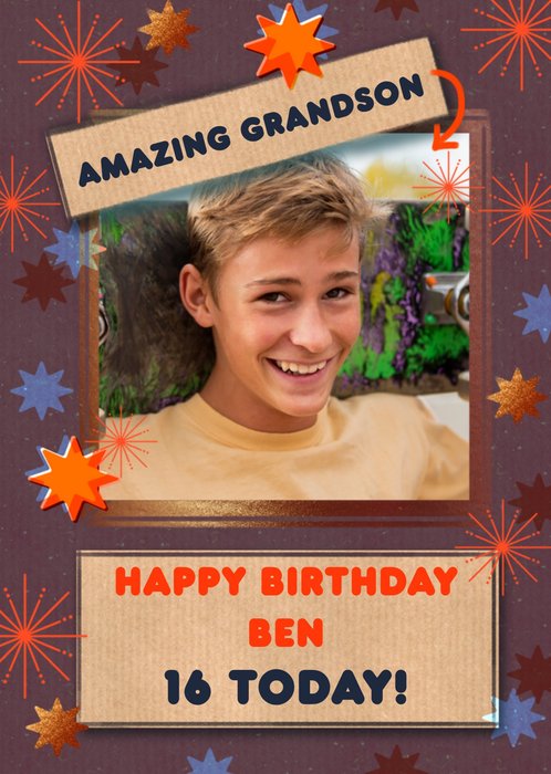 Illustrated Stars Amazing Grandson Photo upload Birthday Card