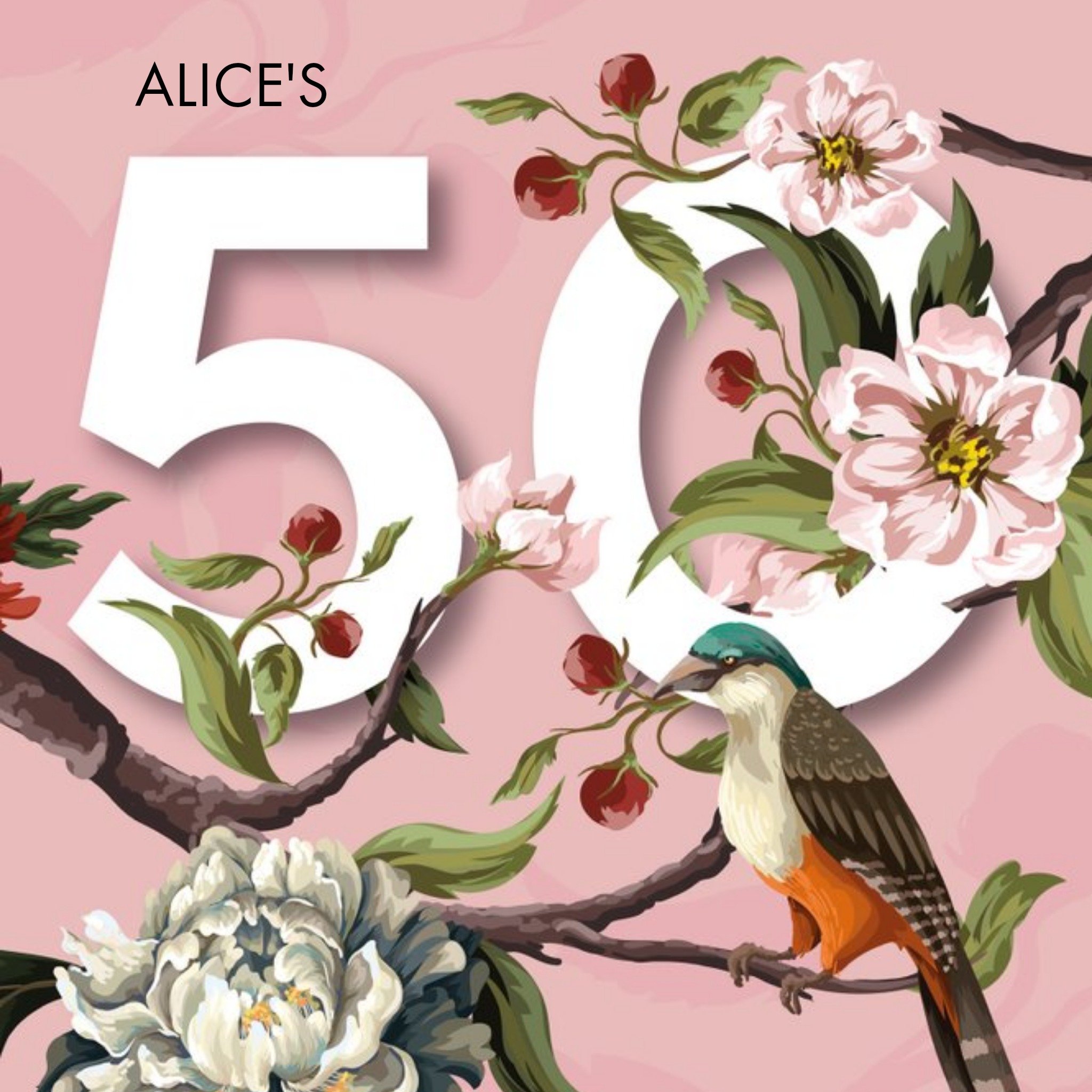 Moonpig Illustrated Bird Floral 50th Birthday Card, Large