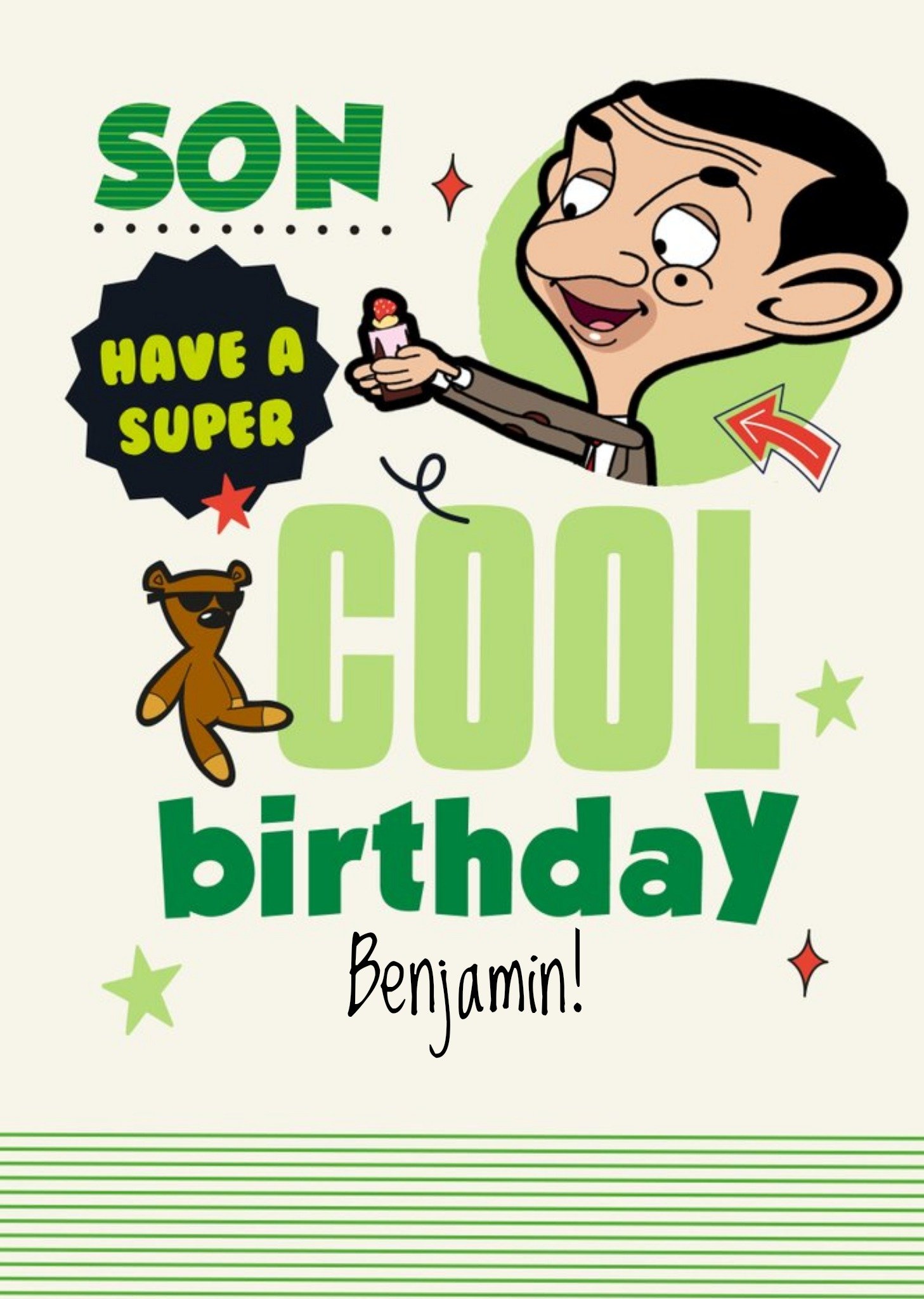 Moonpig Illustrated Mr Bean Super Cool Son Birthday Card Ecard