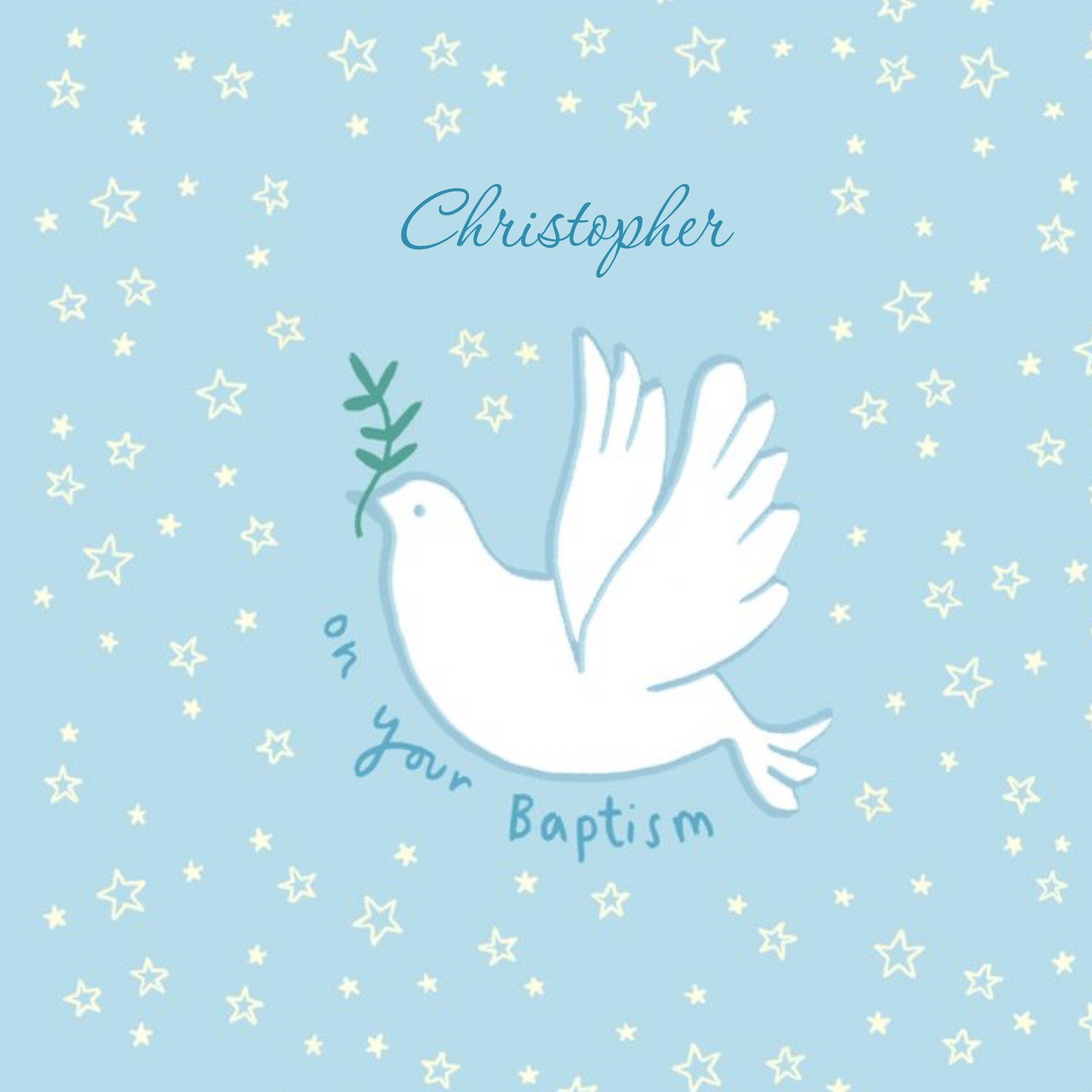 Beautiful Illustration White Dove Personalise Name New Baby Baptism Card, Square