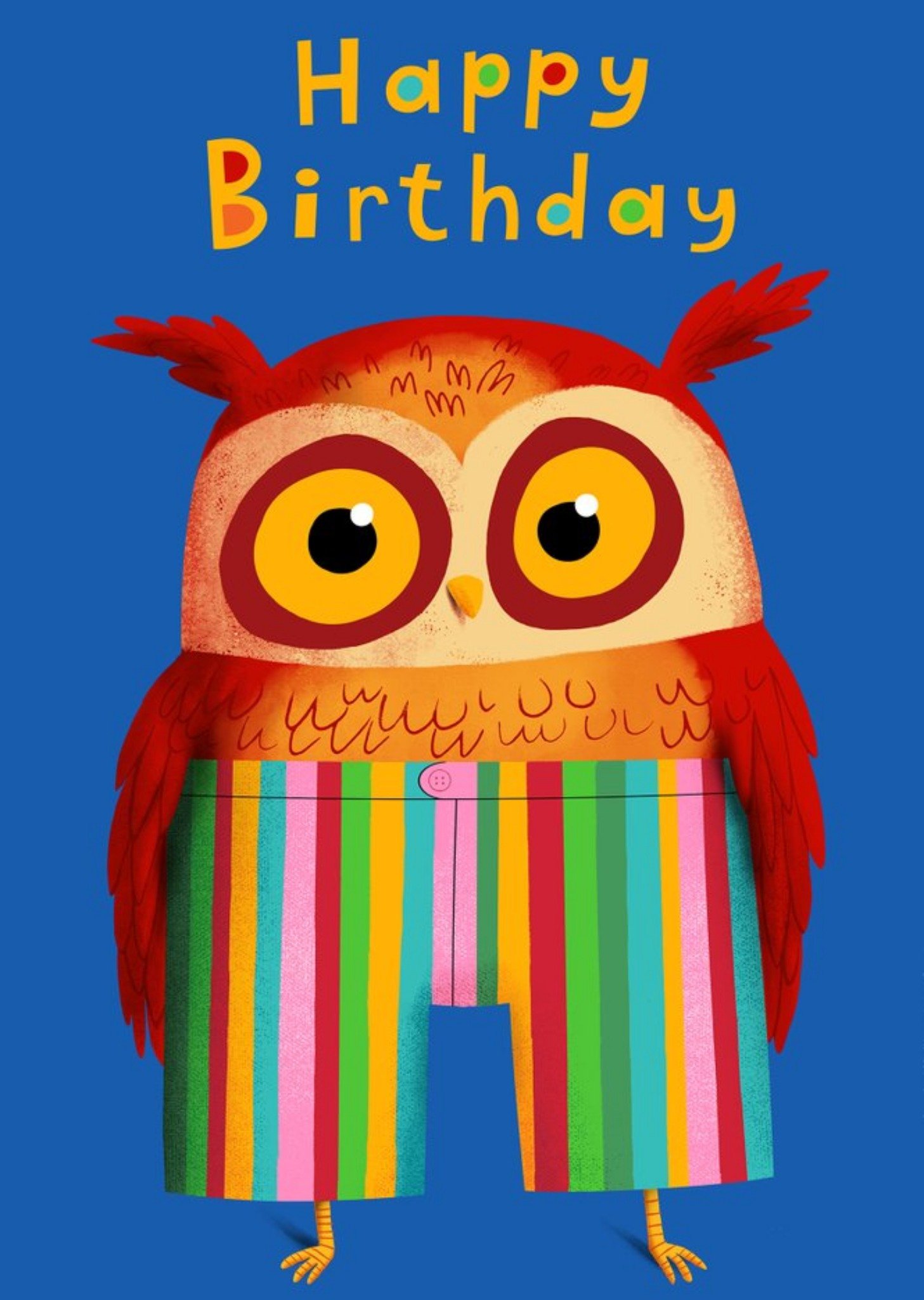 Moonpig Modern Cute Illustration Owl Wearing Stripy Trousers Birthday Card Ecard