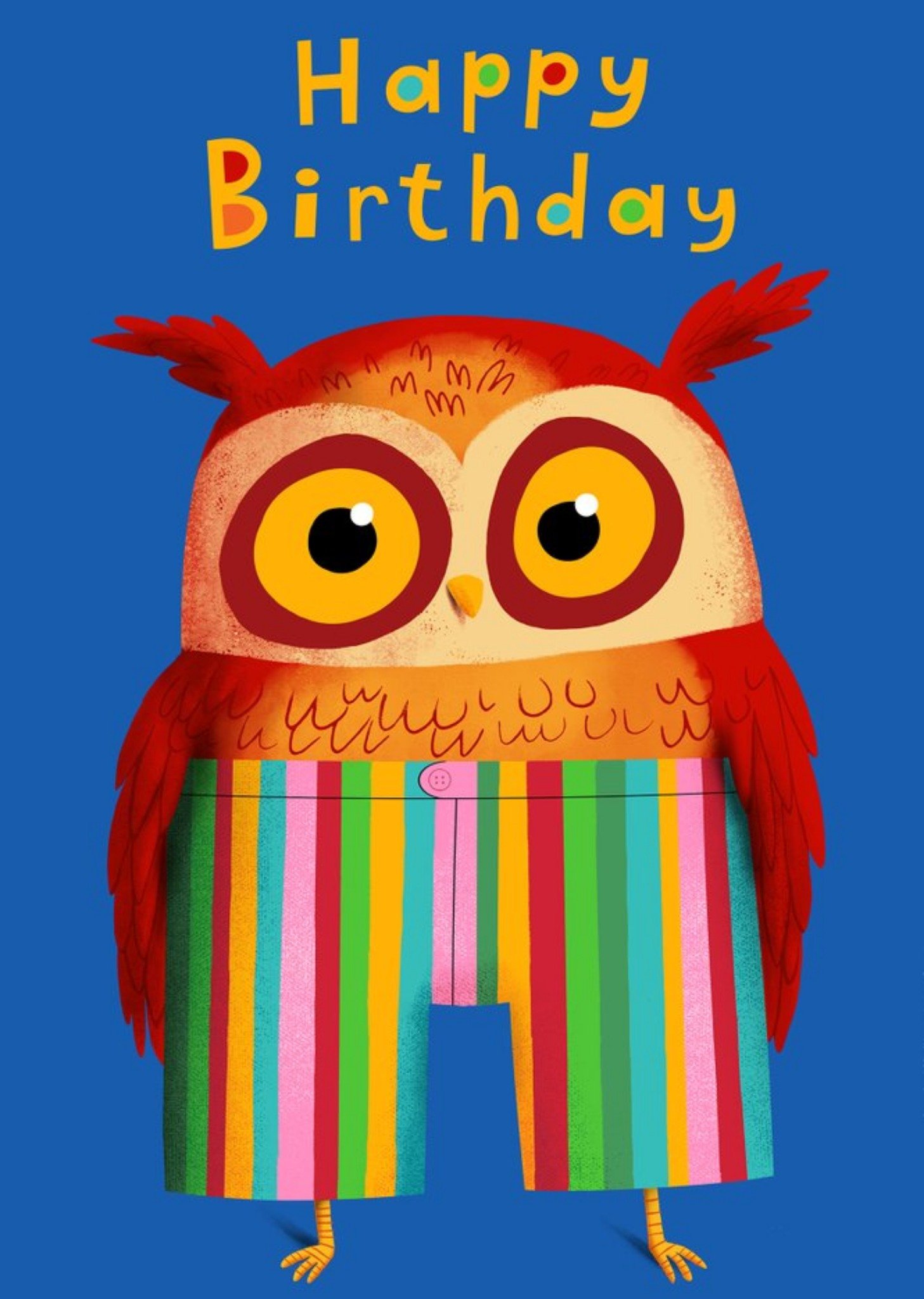 Modern Cute Illustration Owl Wearing Stripy Trousers Birthday Card Ecard