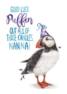 Illustration Puffin Good Luck Puffin Out Candles Nanna Birthday Card