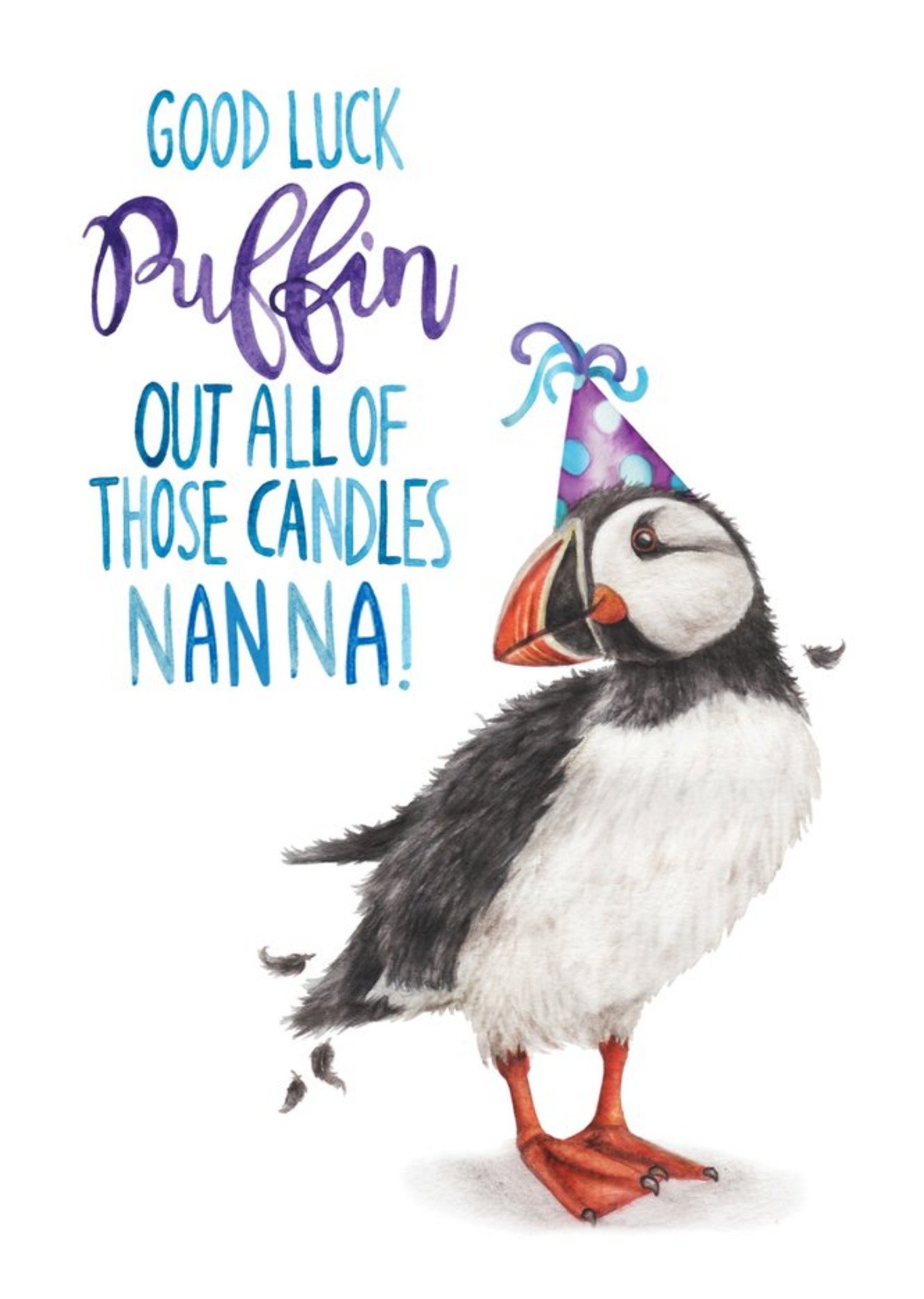 Moonpig Illustration Puffin Good Luck Puffin Out Candles Nanna Birthday Card, Large
