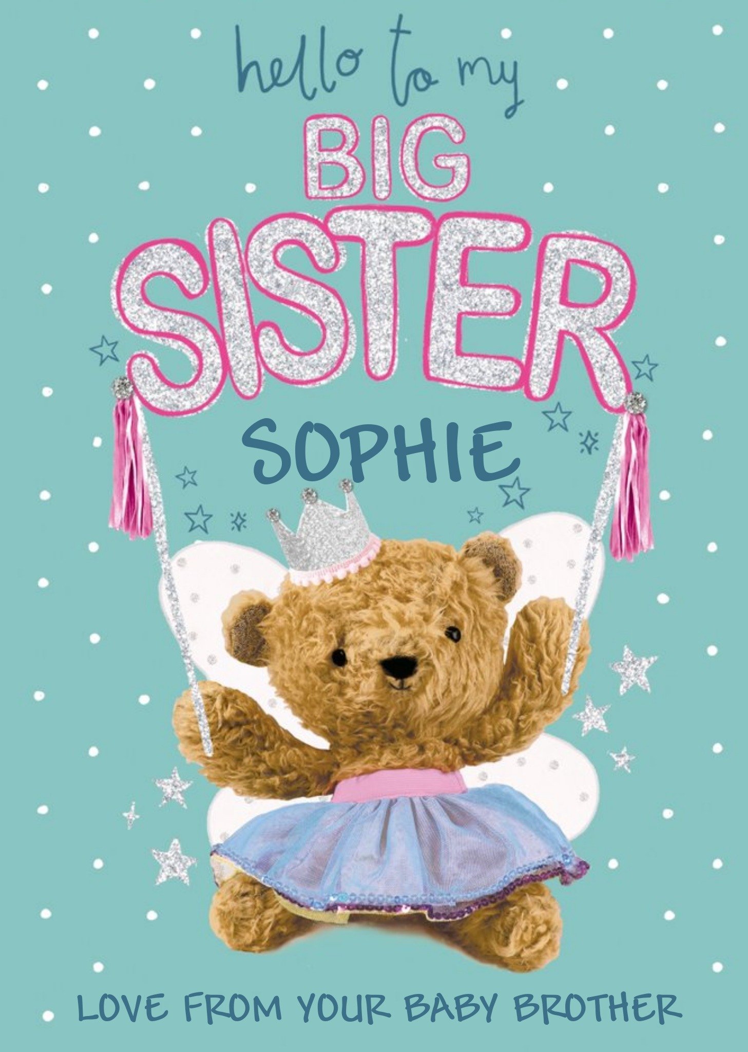 Moonpig Blue Illustrated Teddy Bear Customisable Hello To My Big Sister Card, Large