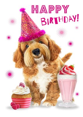 Cute Dog With Cupcake And Milkshake Birthday Card