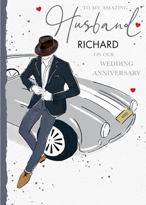 Illustration Of A Man And A Classic Car Wedding Anniversary Card