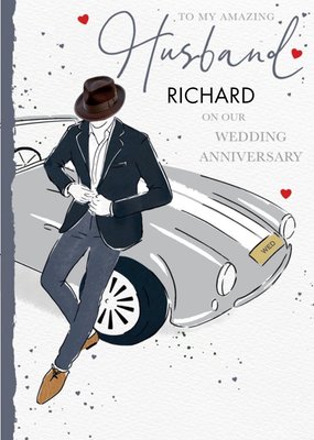 Illustration Of A Man And A Classic Car Wedding Anniversary Card