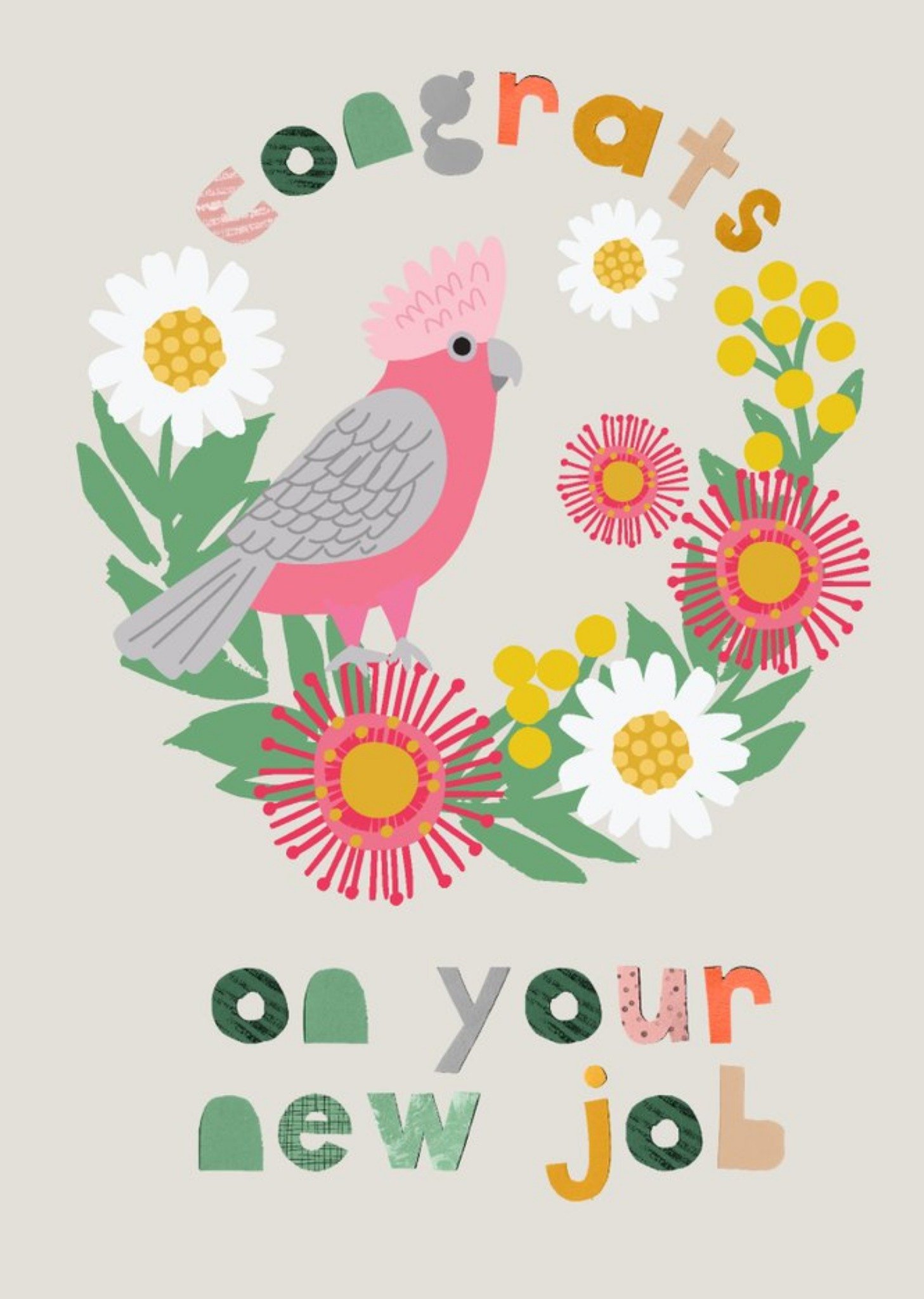 Moonpig Bright Colourful Floral Parrot Congrats On Your New Job Card Ecard