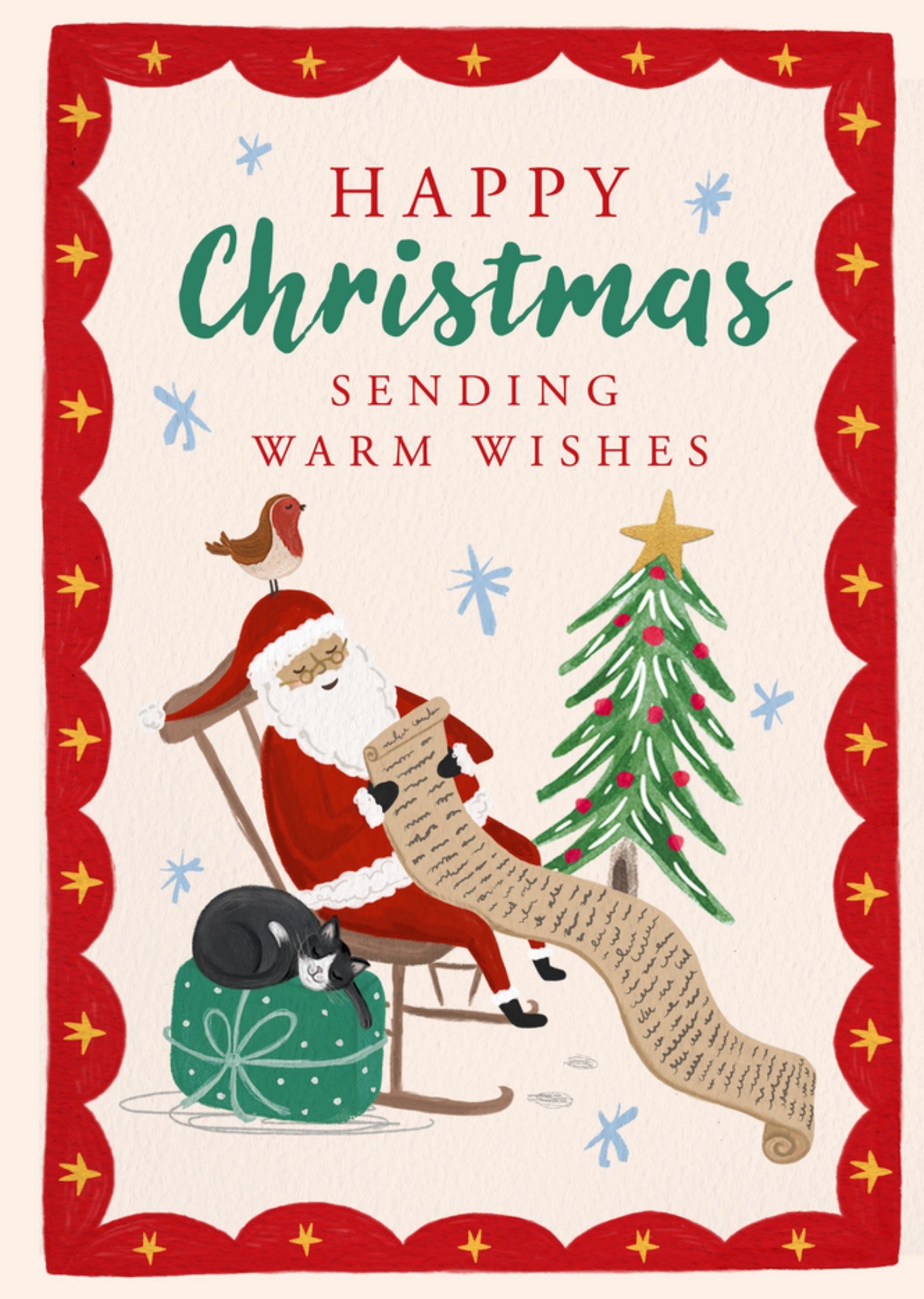Moonpig Cute Festive Sending Warm Wishes Hand Painted Santa Christmas Card, Large