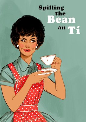 Vintage Illustrated Woman in Apron Spilling the Bean an Ti Card