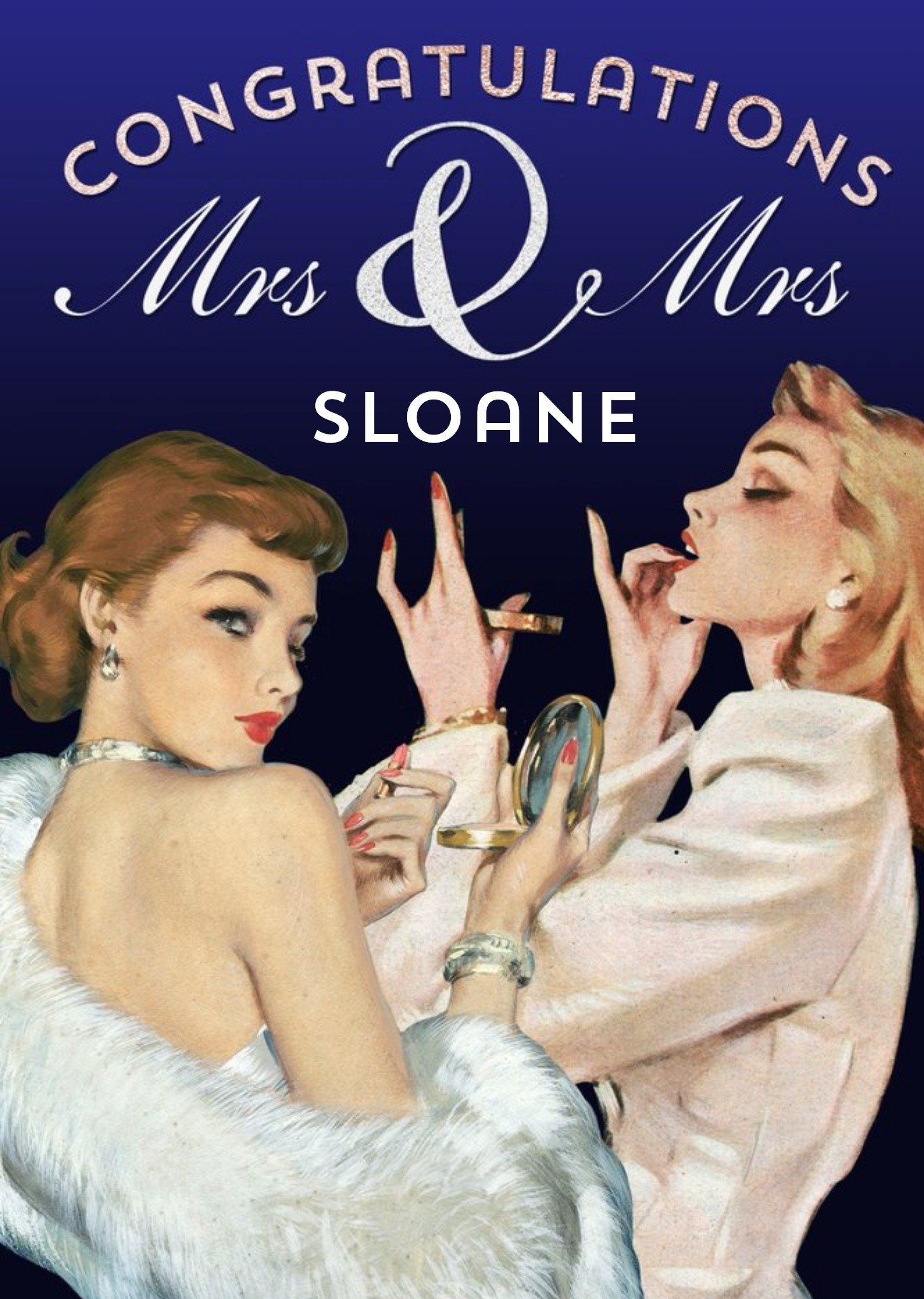 Congratulations Mrs & Mrs - Same Sex Couple Lesbian Gay Retro Illustration Wedding Card