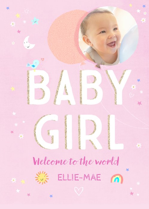 Typographic Illustrated Welcome To The World New Baby Girl Photo Upload Card