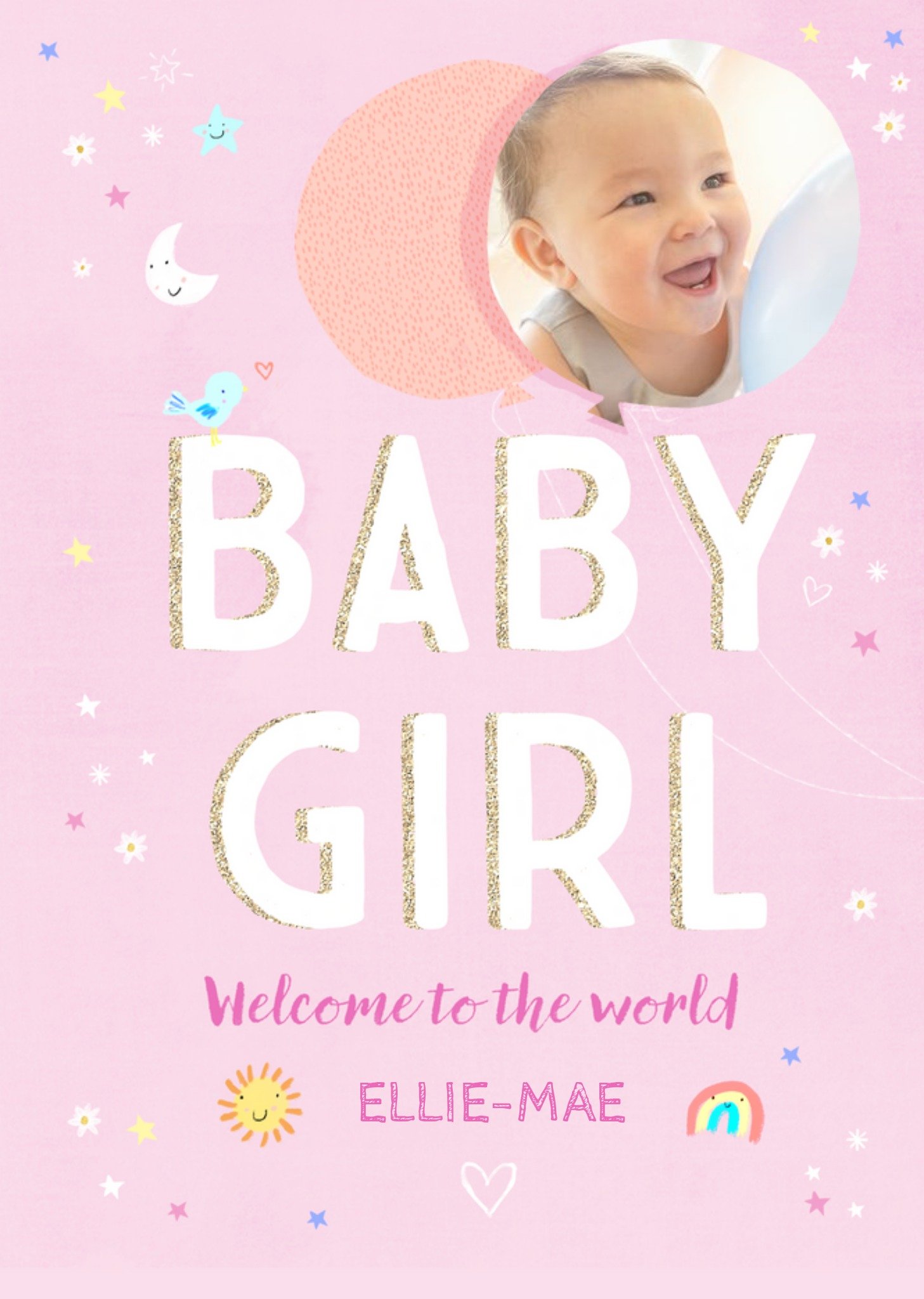 Moonpig Typographic Illustrated Welcome To The World New Baby Girl Photo Upload Card Ecard