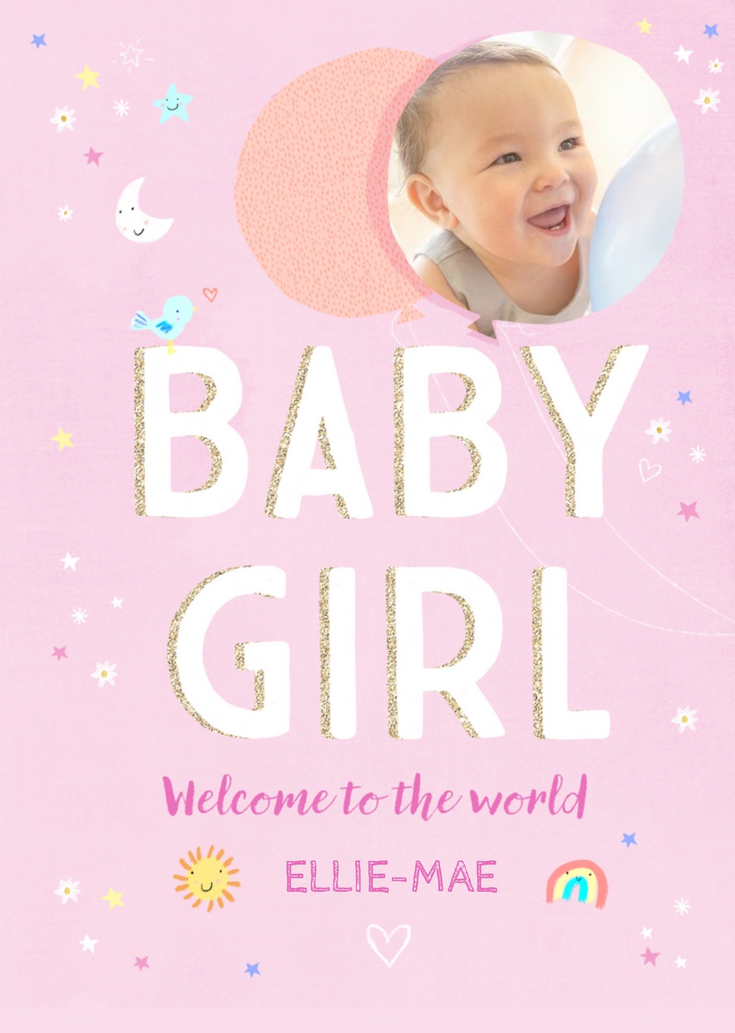 Typographic Illustrated Welcome To The World New Baby Girl Photo Upload Card Ecard