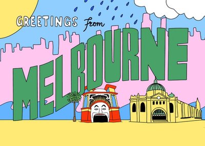 Aleisha Earp Bright Graphic Melbourne Themed Illustration Greetings From Melbourne Card