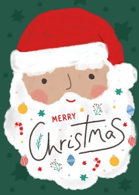 Santa Claus With Baubles And Candy Canes Stuck In Beard Illustrated Christmas Card