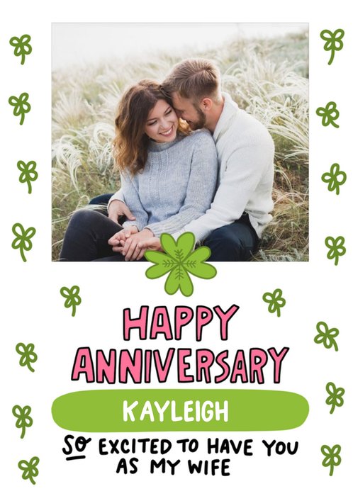 Four Leaf Clover Illustrations On A White Background Happy Anniversary Photo Upload Card