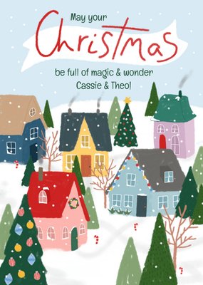 Cosy Snowy Festive Town Illustrated Houses And Trees Christmas Card