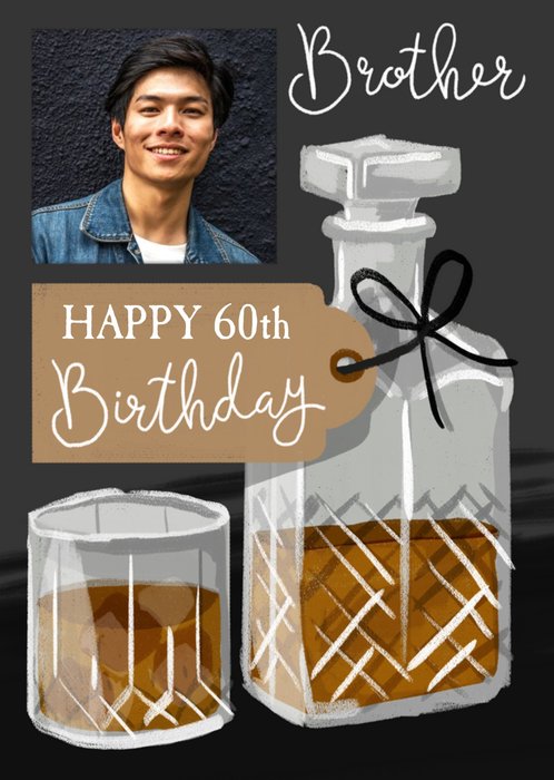 Illustrated Drinking Themed 60th Photo Upload Birthday Card For Your Brother By Okey Dokey Design