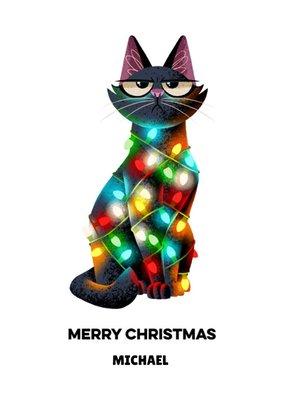 Folio Illustration of a frowning cat tangled in christmas lights. Merry Christmas personalised card.