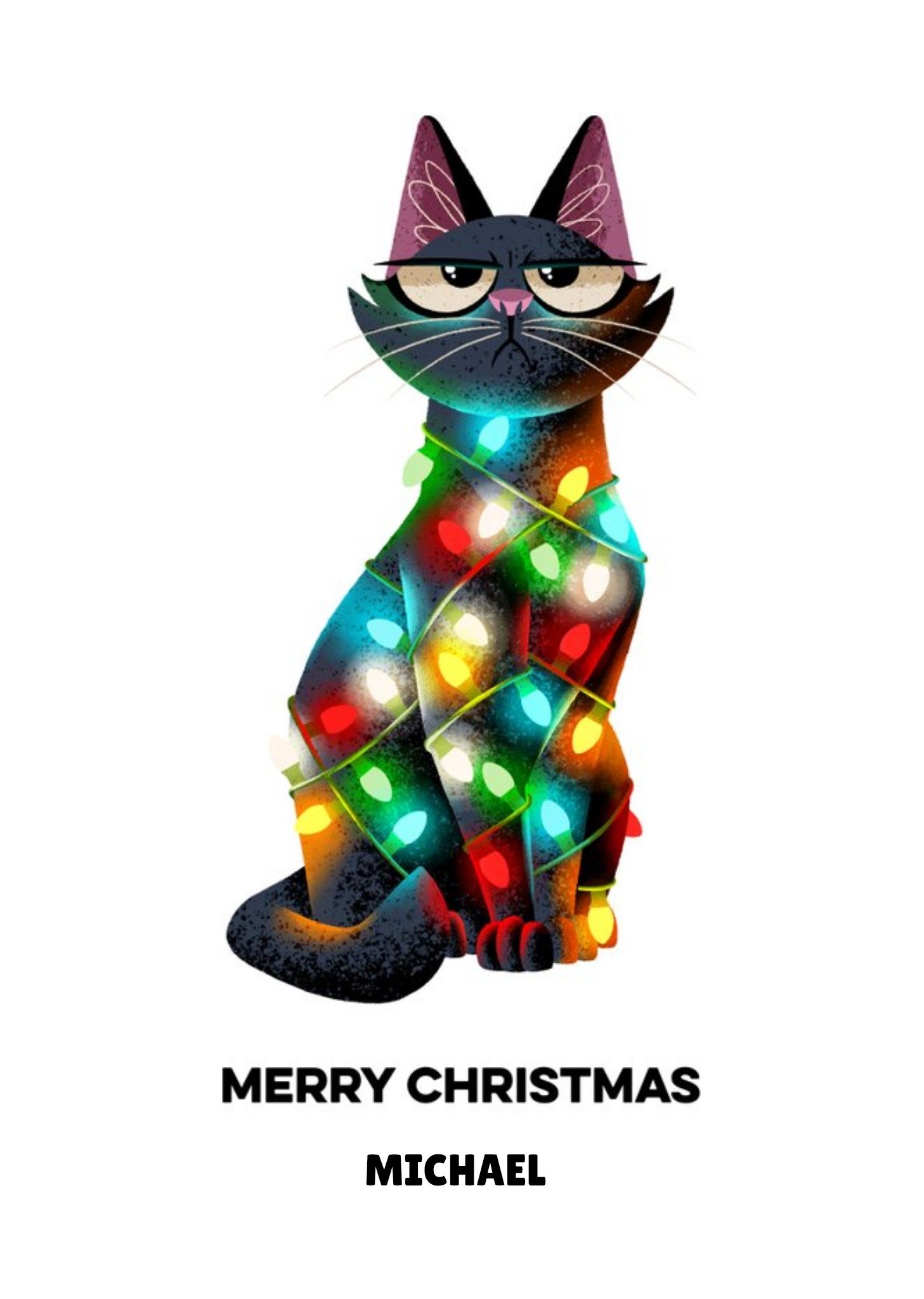 Folio Illustration Of A Frowning Cat Tangled In Christmas Lights. Merry Christmas Personalised Card. Ecard