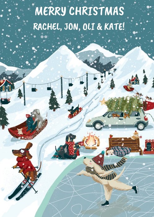Ttraditional Illustration of a Christmas scene with dogs skiing and ice skating card