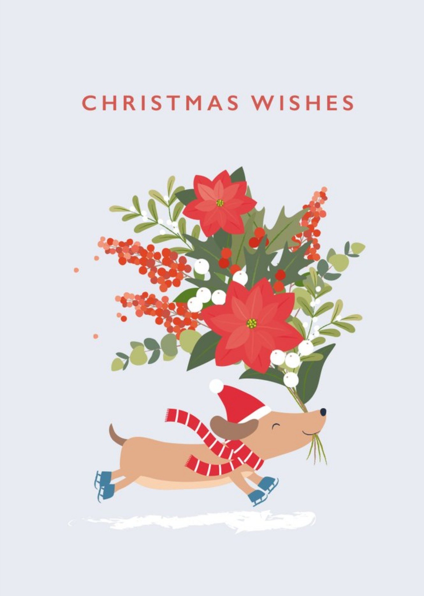 Moonpig Cute Dog Running On Ice Skates With A Large Bouquet Of Festive Flowers Illustration Christma