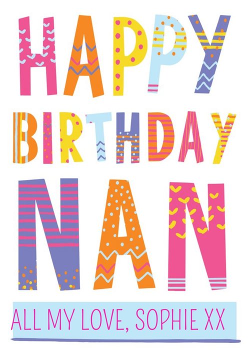 Bright Patterned Letters Happy Birthday Nan Postcard